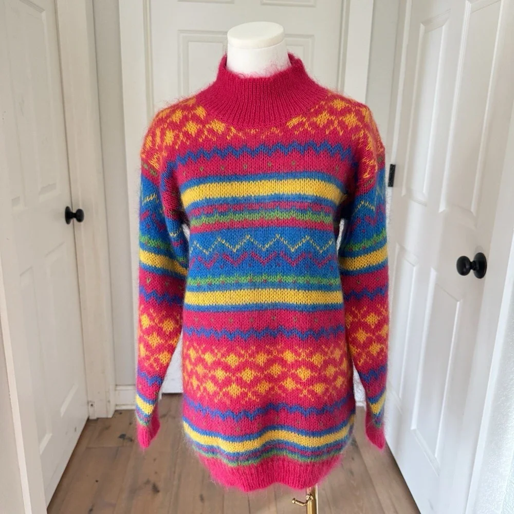 Vtg 80s Pink Mohair Sweater Mock Neck Sz‎ S Bright Colorful Neon Xmas Holiday